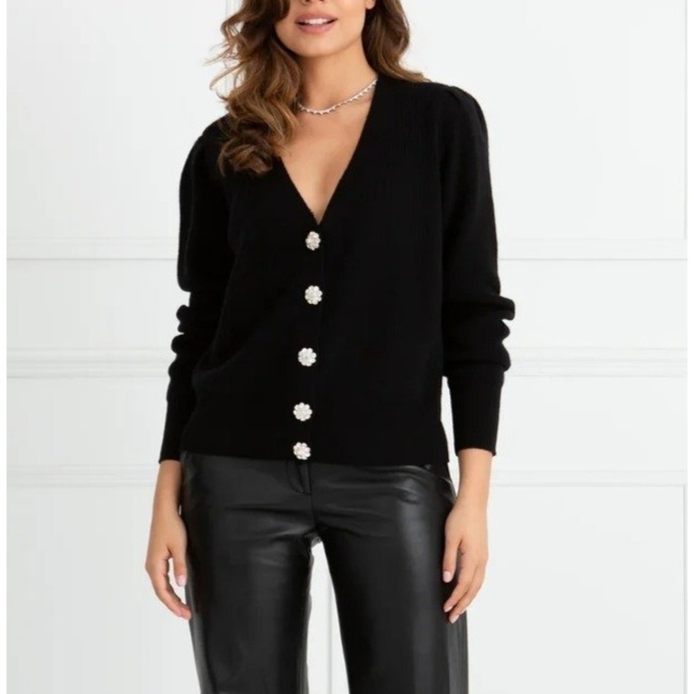 J Jill Cardigan Womens M‎ Petite Black Button Front Long Sleeve Stretch Sweater